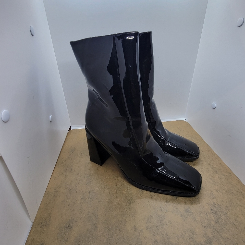 Black Patent Square Toe Flare Heel Boot